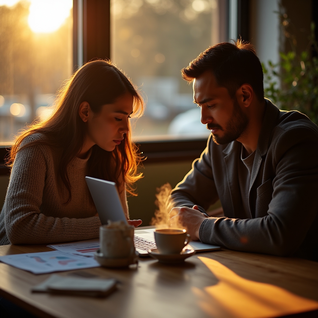 Small business owner and consultant reviewing energy baseline data on a laptop in a café